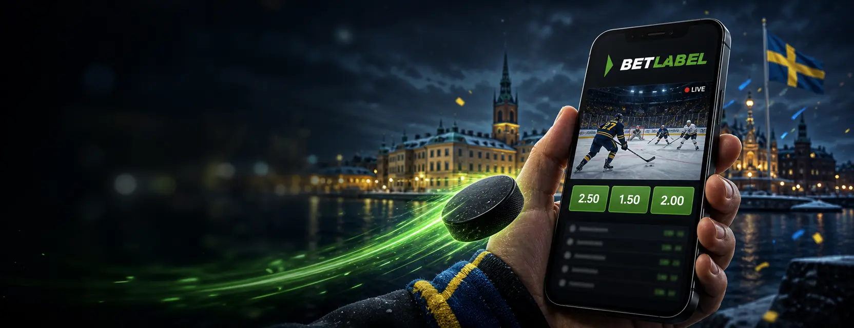 Hand holding a smartphone with the BetLabel app, a live ice hockey match and odds of 2.50, 1.50 and 2.00