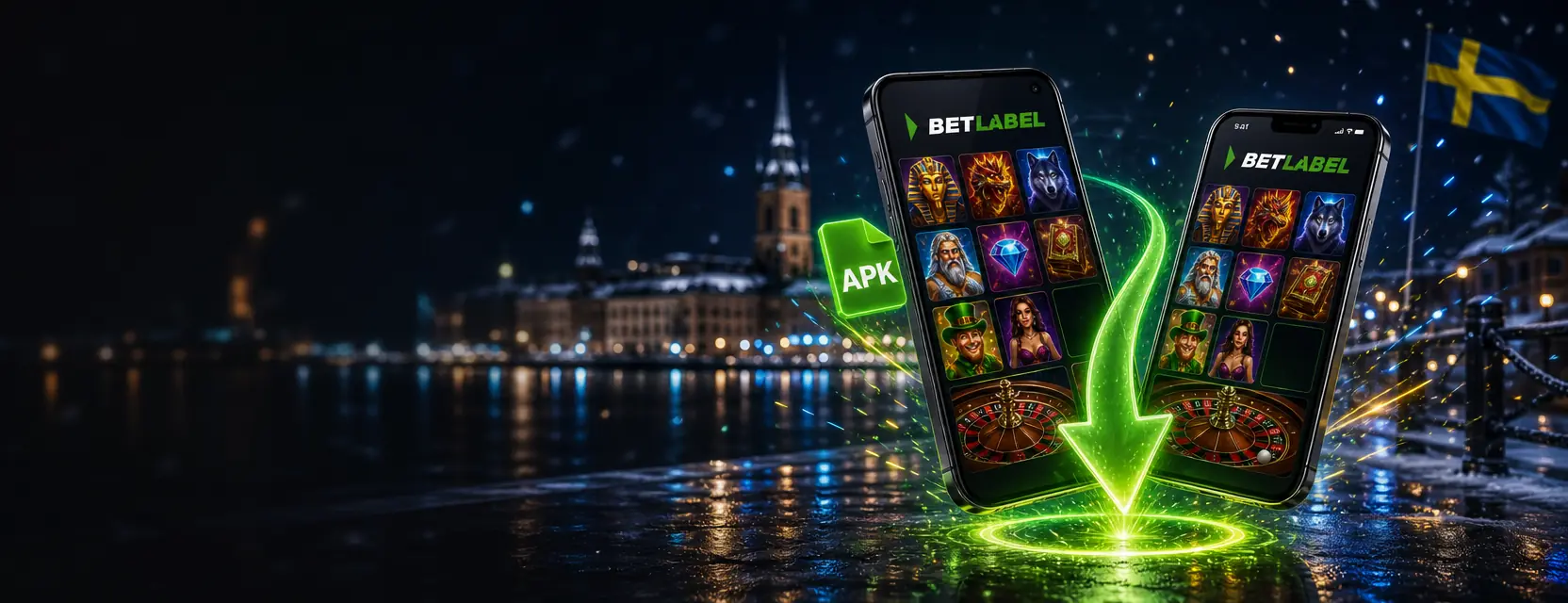 Android phone and iPhone floating side by side with the BetLabel app on screen, a green download arrow and an APK badge