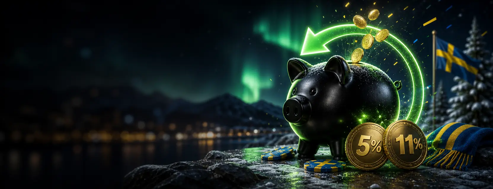Black piggy bank with golden coins returning along a green arrow and two coins engraved 5% and 11%