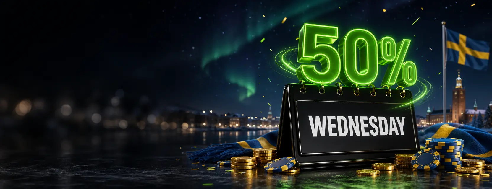Desk calendar reading WEDNESDAY and a large glowing green 50% among golden coins and casino chips
