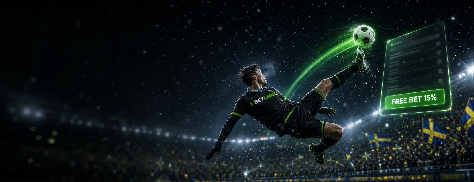 Footballer in a black kit with the BetLabel logo doing a bicycle kick in the snow towards a glowing bet slip reading FREE BET 15%