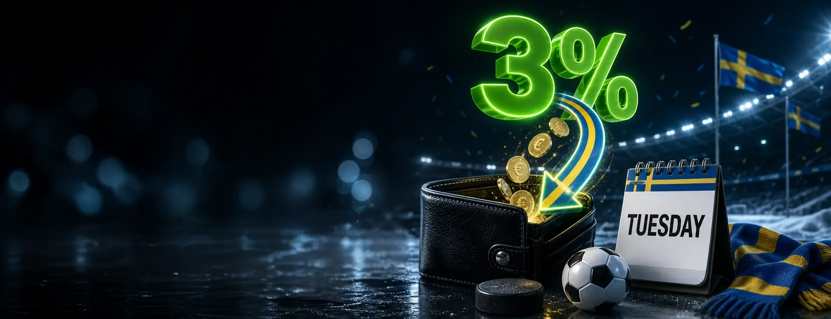 Glowing green 3% sign above a black wallet with euro coins and a desk calendar reading TUESDAY