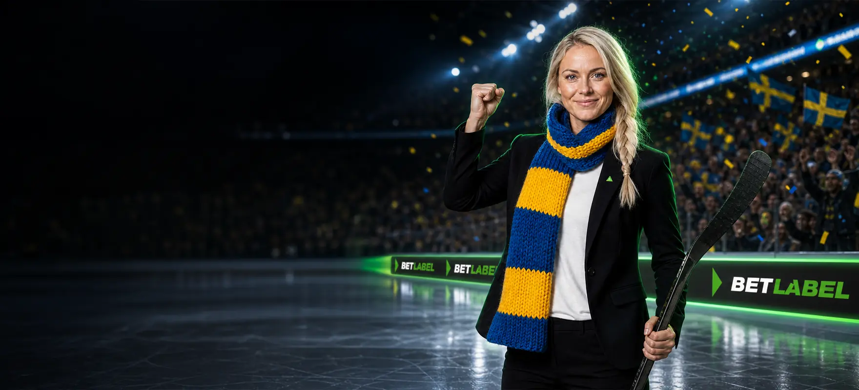 Woman with a platinum-blonde braid and a blue-and-yellow scarf celebrating at the rink side of an ice hockey arena, with the BetLabel logo on the LED boards Woman with a platinum-blonde braid and a blue-and-yellow scarf celebrating at the rink side of an ice hockey arena, with the BetLabel logo on the LED boards