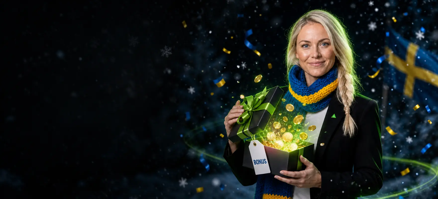 Woman with a platinum-blonde braid and a blue-and-yellow scarf opening a gift box tagged BONUS, with golden coins bursting out Woman with a platinum-blonde braid and a blue-and-yellow scarf opening a gift box tagged BONUS, with golden coins bursting out