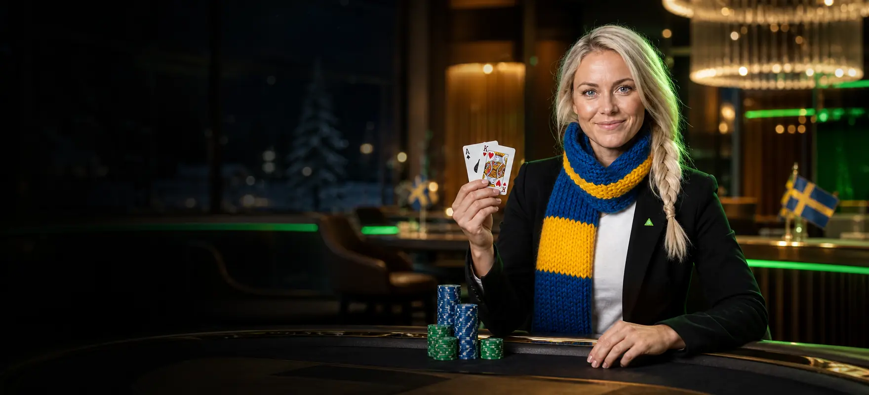 Woman with a platinum-blonde braid and a blue-and-yellow scarf turning over a winning blackjack hand in a luxurious Scandinavian casino Woman with a platinum-blonde braid and a blue-and-yellow scarf turning over a winning blackjack hand in a luxurious Scandinavian casino