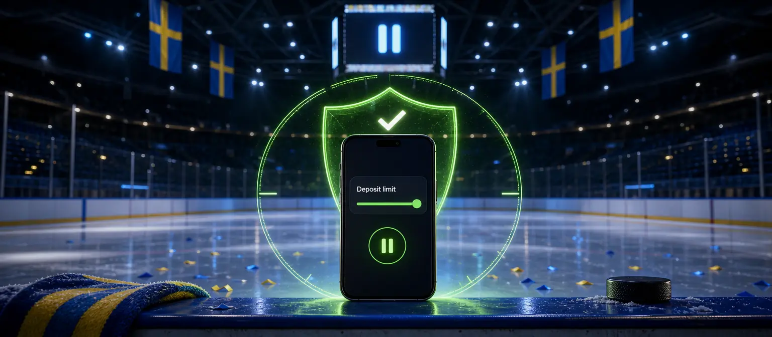 Smartphone with a Deposit limit slider and a green shield hologram on the rink side of an empty ice hockey arena, a pause sign on the scoreboard Smartphone with a Deposit limit slider and a green shield hologram on the rink side of an empty ice hockey arena, a pause sign on the scoreboard