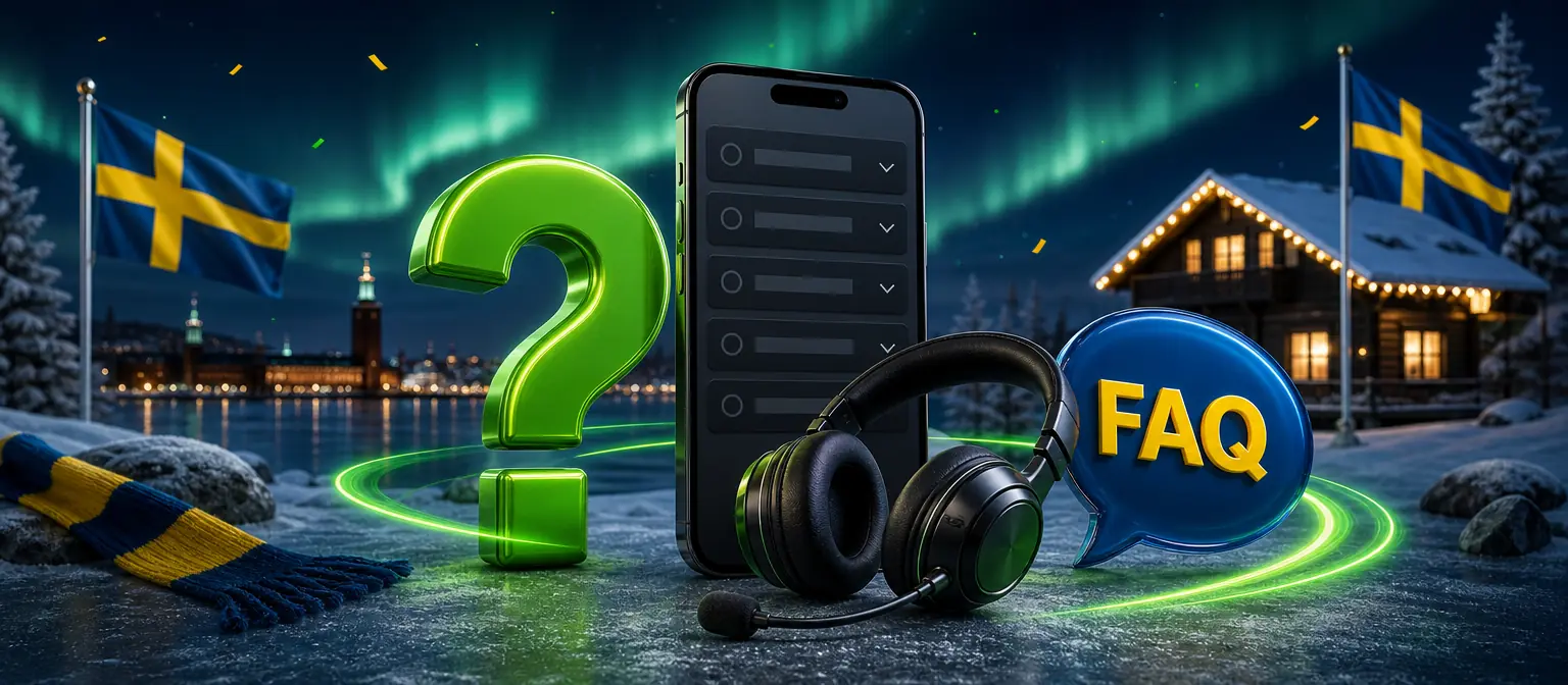 Large green question mark next to a smartphone with a help screen, a headset and a speech bubble reading FAQ Large green question mark next to a smartphone with a help screen, a headset and a speech bubble reading FAQ