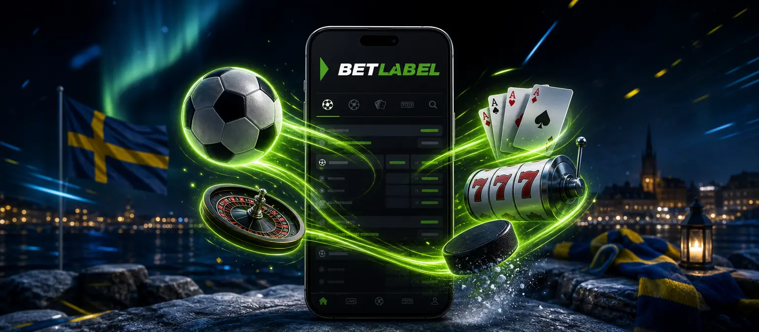 Smartphone with the BetLabel logo and a football, a roulette wheel, playing cards, slot reels and a hockey puck flowing out of the screen Smartphone with the BetLabel logo and a football, a roulette wheel, playing cards, slot reels and a hockey puck flowing out of the screen