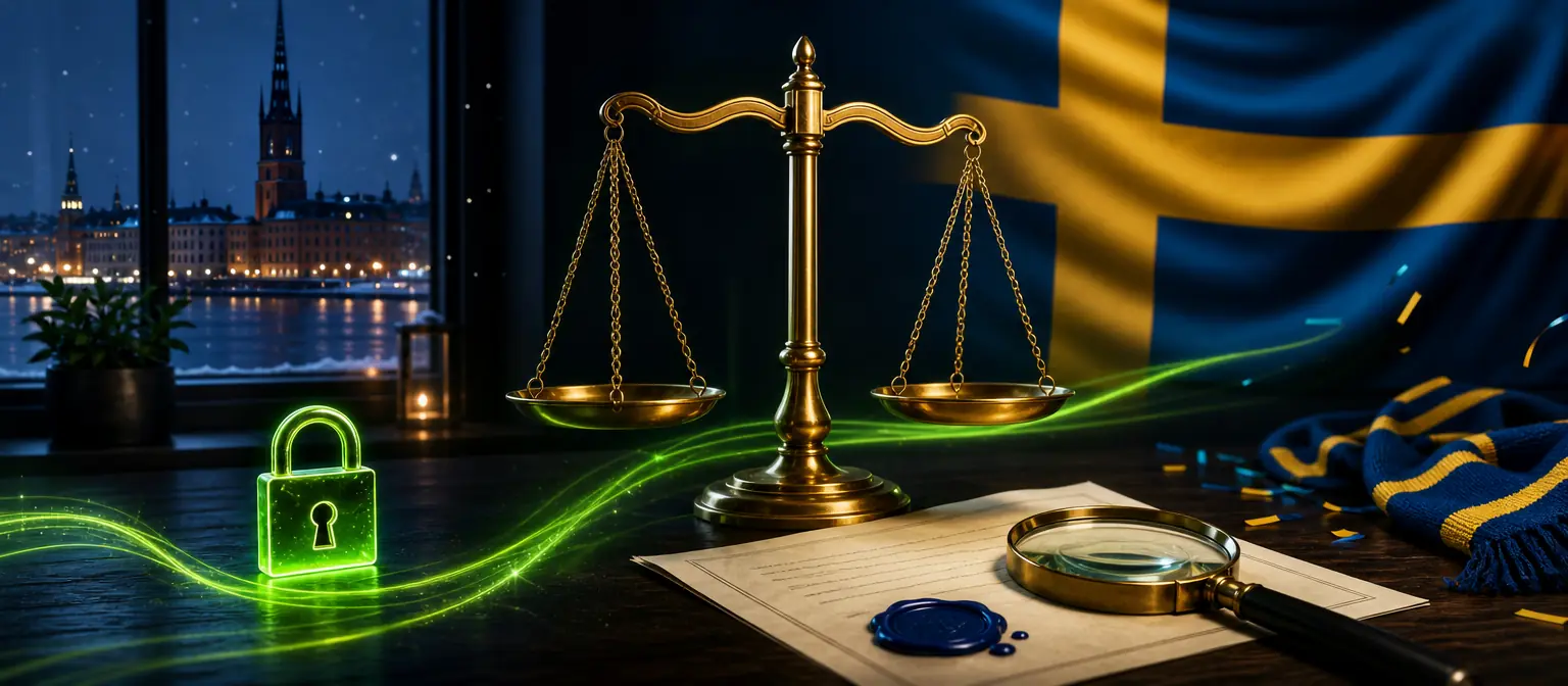 Golden scales of justice, a document with a blue wax seal under a magnifying glass and a Swedish flag in the background Golden scales of justice, a document with a blue wax seal under a magnifying glass and a Swedish flag in the background