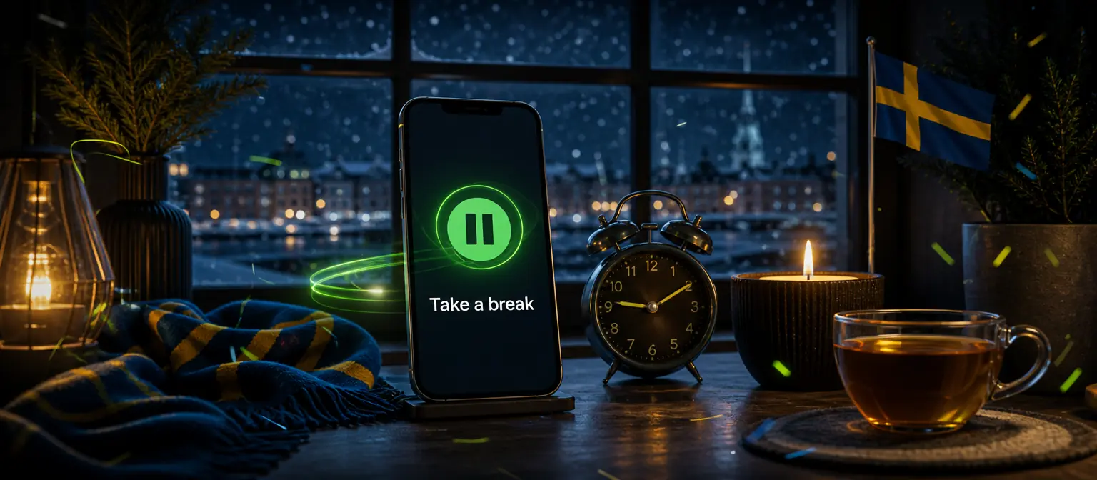 Smartphone with a Take a break reminder, an alarm clock, a candle and a cup of tea by a snowy window Smartphone with a Take a break reminder, an alarm clock, a candle and a cup of tea by a snowy window